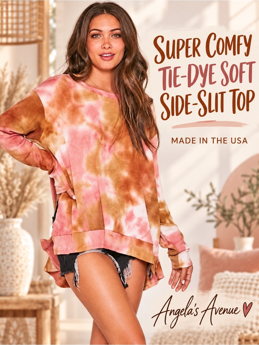 TIE DYE Soft Side Slit Orange Pink TOP NEW